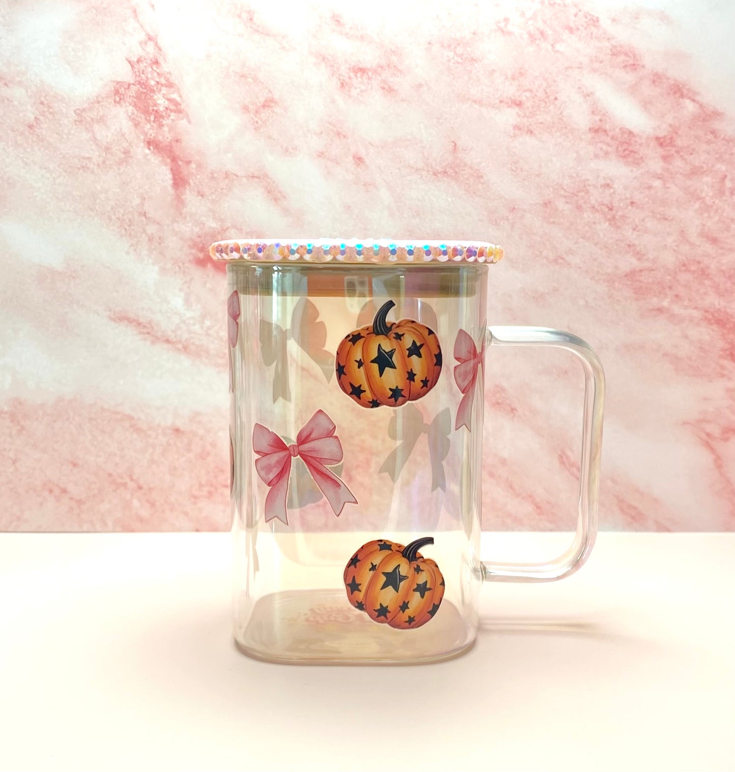 Pink Bows And Pumpkins Square Glass Mug