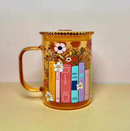 Colorful Books And Flowers Glass Mug