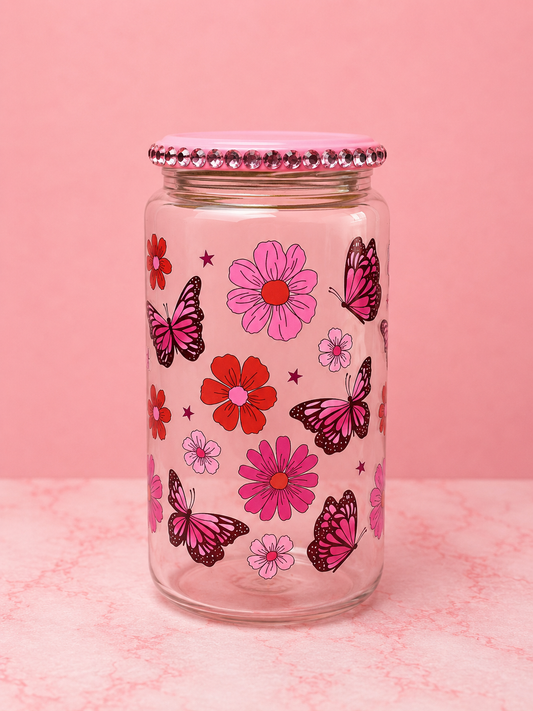 Pink Butterfly Bliss Glass Cup