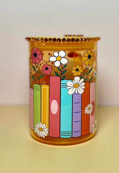Colorful Books And Flowers Glass Mug