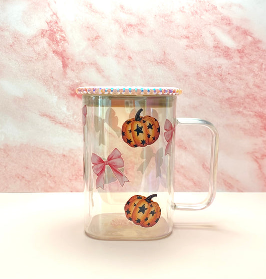 Pink Bows And Pumpkins Square Glass Mug