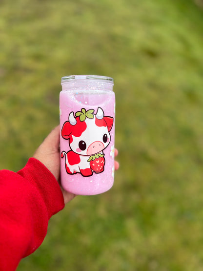 Cute Cow Strawberry Milk Acrylic Snowglobe Tumbler