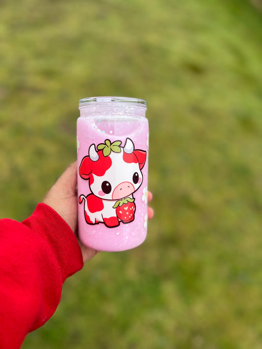 Cute Cow Strawberry Milk Acrylic Snowglobe Tumbler