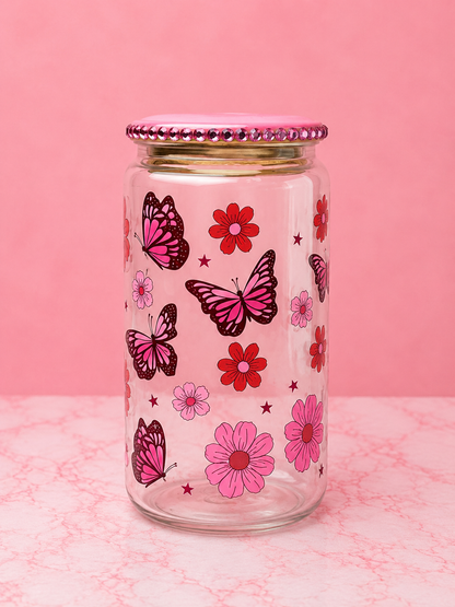 Pink Butterfly Bliss Glass Cup