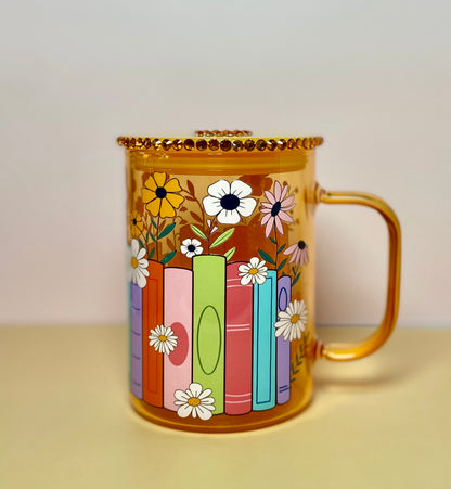 Colorful Books And Flowers Glass Mug