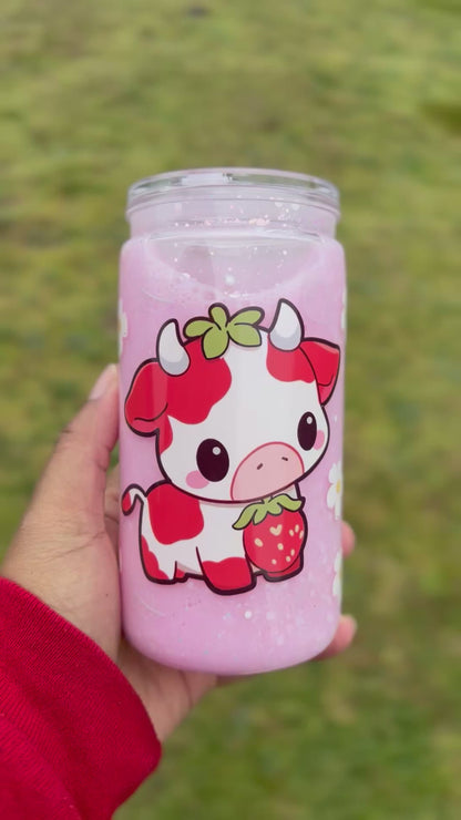 Cute Cow Strawberry Milk Acrylic Snowglobe Tumbler